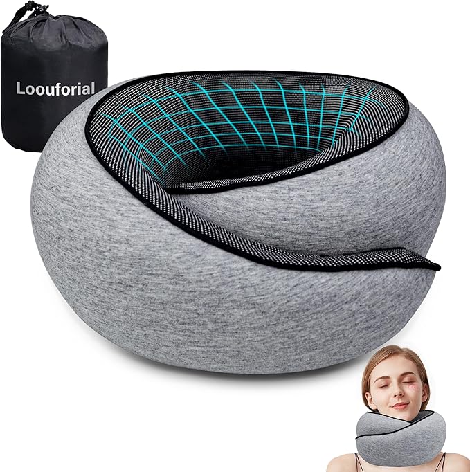 Travel Neck Pillow for Airplanes, 100% Pure Memory Foam Neck Support Pillow 360°Adjustable Full Surrounding Travel Pillow for Long Flights, Car, Train and Home Use, Light Grey