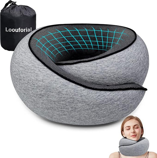 Travel Neck Pillow for Airplanes, 100% Pure Memory Foam Neck Support Pillow 360°Adjustable Full Surrounding Travel Pillow for Long Flights, Car, Train and Home Use, Light Grey