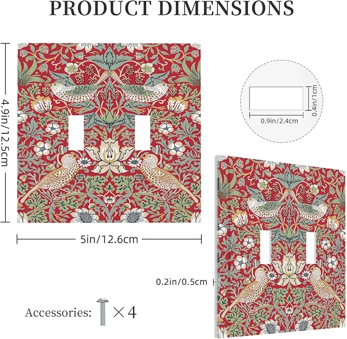 William Morris Strawberry Thief Botanical Red Green Double Toggle Light Switch Covers 2 Gang Wall Plate Dual Decorative Switchplate Electrical Faceplate for Country Bathroom Bedroom Kitchen Decor