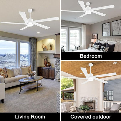 WINGBO 64" DC Ceiling Fan with Lights and Remote Control, 5 Carved Wood Blades, 6-Speed Reversible DC Motor, Modern Ceiling Fan for Bedroom Living Room Kitchen, ETL Listed