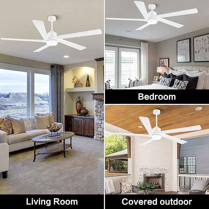 WINGBO 54" DC Ceiling Fan with Lights and Remote Control, 5 Carved Wood Blades, 6-Speed Reversible DC Motor, White Ceiling Fan for Bedroom Living Room Kitchen, ETL Listed