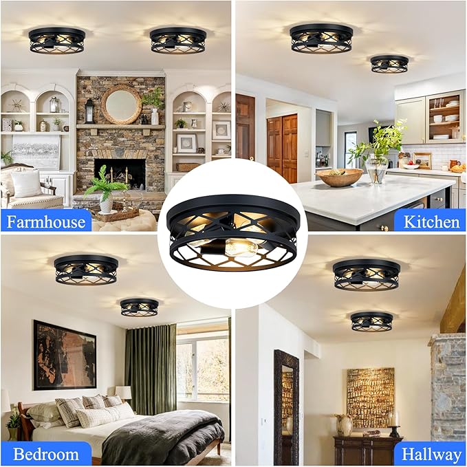 2 Pack Flush Mount Ceiling Light Fixture, Black, for Hallway, Kitchen, Farmhouse, Bedroom (13 x 13 x 3.93 inches, 2400 lumens, Dimmable, 2 Count)