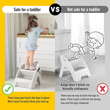 UNCLE WU Step Stool for Kids, Foldable Anti-Slip 2-Step, Lightweight, Safety Handles - Toilet Potty Training, Toddler Ladder Bathroom Sink,Kitchen Counter Stool Helper (Gray White) Small