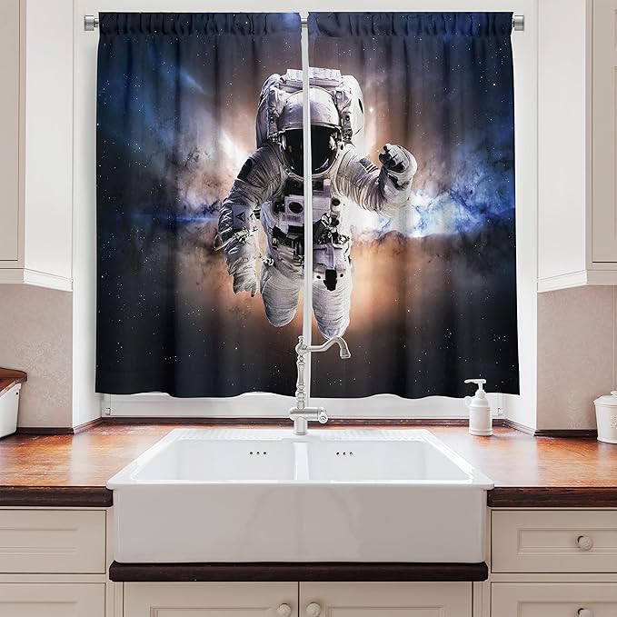 Ambesonne Astronaut Long Kitchen Curtains, Floating Astronaut in Space Nebula Heavenly Bodies Star Systems Love Science, Two Panels Drapes with Rod Pocket Room Decor, 55" x 45", Space Blue