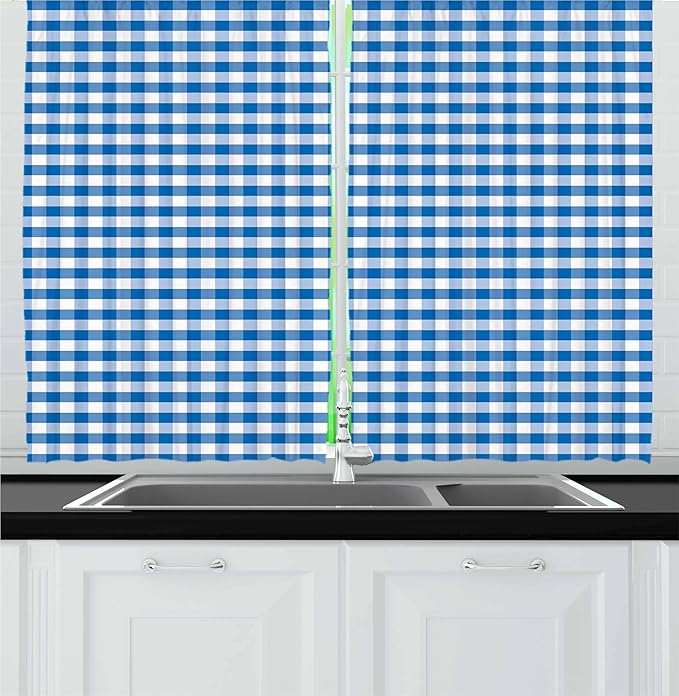 Ambesonne Checkered Kitchen Curtains, Monochrome Gingham Checks Classical Country Culture Old Fashioned Grid Design, Window Drapes 2 Panel Set for Kitchen Cafe Decor, 55" x 36", Blue White