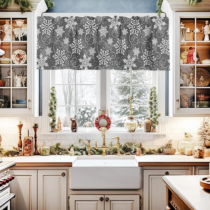 Vandarllin Christmas Kitchen Curtains and Valances Set, Grey White Snowflakes Pattern Windows Treatments Tiers Half/Short Curtains for Small Windows Cafe/Living Room/Bedroom 54x24 in Winter