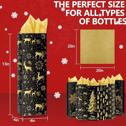 Whaline 12Pcs Christmas Wine Bottle Gift Bags with Gold Tissue Paper Black Gold Xmas Tree Elk Snowflake Bottle Bag with Handle Paper Wine Bag for Winter Party Favor Hostess Gift Home Table Decor