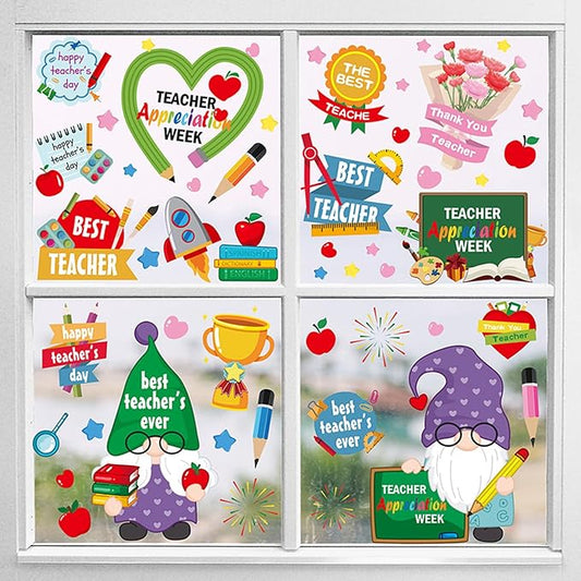 Teacher Appreciation Week Window Clings Stickers Best Teacher Double-Sided Window Decals Decoration Pencil Apple Design for Toddlers Adults Classroom Home Nursery Airplane Birthday Party Supplies