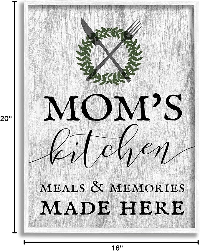 Stupell Industries Mom's Kitchen Meals and Memories, Design by Daphne Polselli White Framed Wall Art, 16 x 20, Grey