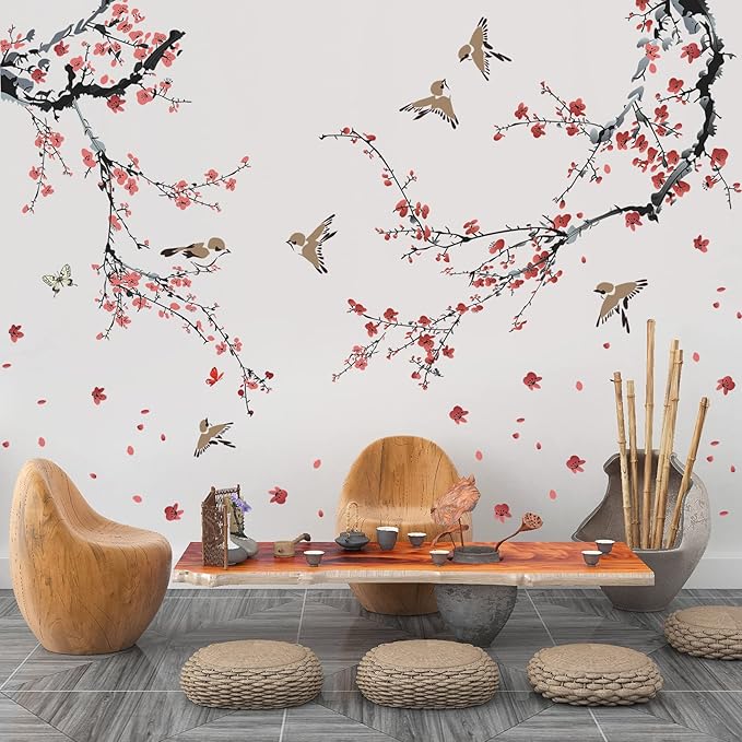 AM AMAONM Removable 3D Ink Style Black Tree Branches and Pink Red Flower Wall Decals Plum Blossom Flowers and Birds Wall Sticker Peel and Stick Wall Decor for Home Walls Living Room Kids Baby Bedroom Nursery Girls Wall Corner Decoration (A)