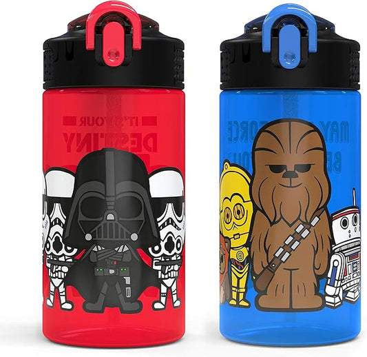 Zak Designs PP Park Straw Kids Durable Plastic Spout Cover and Built-in Carrying Loop, Leak-Proof Water Design for Travel, (16oz, 2pc Set), 2 Count (Pack of 1), Darth Vader Bottle 2pk