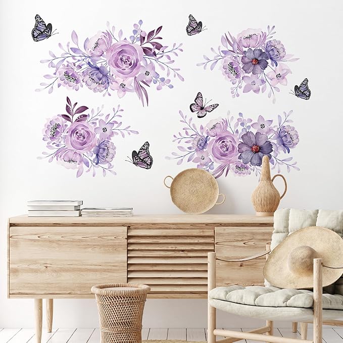 Zonon Flowers Wall Decals Vinyl Dragonflies Flowers Wall Stickers Removable Floral Wall Murals Peel and Stick Colorful Flower Wall Decor for Bedroom Living Room Nursery(Flower and Butterfly)