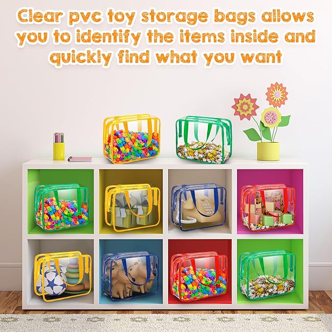 12 Pieces Large Toy Storage Bags with Zipper Clear PVC Organizing Bags Waterproof Zippered Toy Storage Organizer for Building Blocks Puzzle Stationery Kids Books Classroom(Fresh Colors)