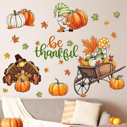 Mfault Thanksgiving Gnome Turkey Wall Decals Stickers, Be Thankful Fall Pumpkins Maple Leaves Decorations Bedroom Art, Autumn Harvest Season Farmhouse Home Kitchen Decor