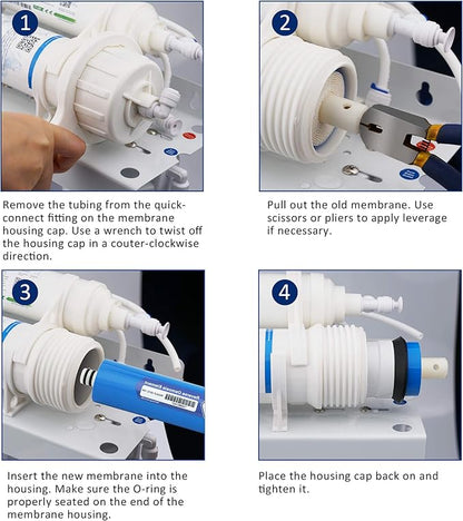 Membrane Solutions 75 GPD RO Membrane, Reverse Osmosis Membrane with Membrane Housing, Wrench, 1/4" Quick-Connect Fittings, Check Valve, Replacement for Under Sink Home Drinking RO Water Filter System