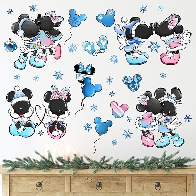 Mfault Cartoon Mouse Winter Wall Decals Stickers, Blue Snowflake Balloon Glove Hot Cocoa Decorations Bedroom Art, 2025 New Year Christmas Holiday Home Kitchen Decor Party Supplies