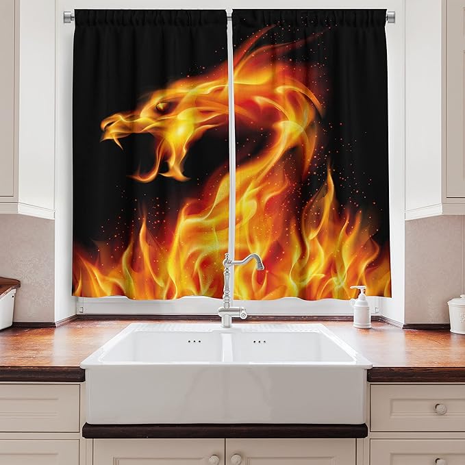 Ambesonne Dragon Long Kitchen Curtains, Abstract Fiery Creature on Black Background Illustration, Two Panels Drapes with Rod Pocket Room Decor, 55" x 45", Orange Charcoal