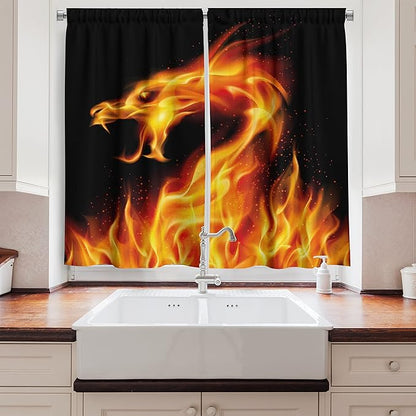 Ambesonne Dragon Long Kitchen Curtains, Abstract Fiery Creature on Black Background Illustration, Two Panels Drapes with Rod Pocket Room Decor, 55" x 45", Orange Charcoal