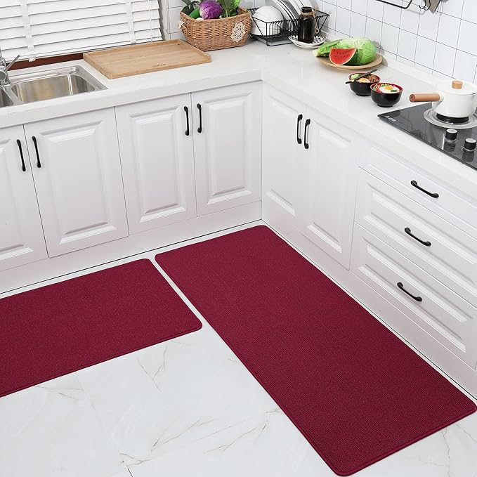 COSY HOMEER 24x35 Inch/24X60 Inch Kitchen Rug Mats Made of 100% Polypropylene Strip TPR Backing 2 Pieces Soft Kitchen Mat Specialized in Anti Slippery and Machine Washable,Red