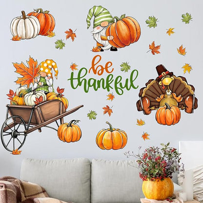 Mfault Thanksgiving Gnome Turkey Wall Decals Stickers, Be Thankful Fall Pumpkins Maple Leaves Decorations Bedroom Art, Autumn Harvest Season Farmhouse Home Kitchen Decor