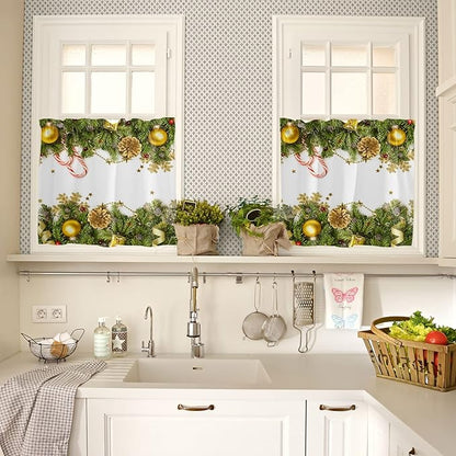 Vandarllin Christmas Kitchen Curtains and Valances Set, Pine Cones Window Treatments Tiers Golden Ornament Balls Semi Sheer Half/Short Curtains for Small Windows Cafe/Living Room/Bedroom 54x24 in