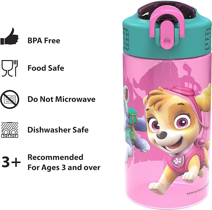 Zak Designs Kids Durable Plastic Spout Cover and Built-in Carrying Loop, Leak-Proof Water Design for Travel, (16oz, 2pc Set), Paw Patrol Skye Bottle 2pk