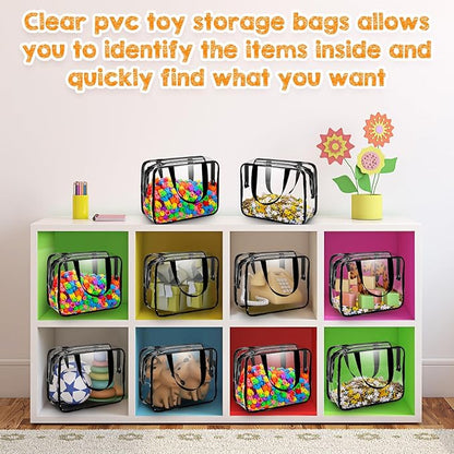 12 Pieces Large Toy Storage Bags with Zipper Clear PVC Organizing Bags Waterproof Zippered Toy Storage Organizer for Building Blocks Puzzle Stationery Kids Books Classroom(Black)