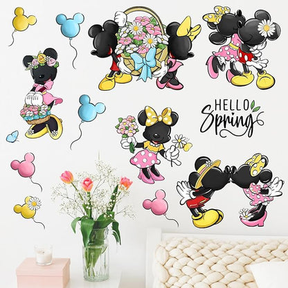 Mfault Hello Spring Cartoon Mouse Wall Decals Stickers, Daisy Flower Basket Balloon Decorations Bedroom Art, Butterfly Polka Dot Seasonal Home Kitchen Decor Party Supplies