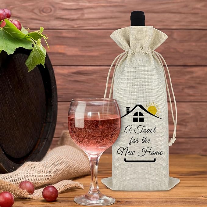 New Home Gift Housewarming Gifts Wine Bag for Homeowner Host New Homeowner Gift for Friends Wine Gift Bag First New Home Gift for Women Men Housewarming Party Decorations Burlap Wine Wrap Bag