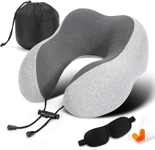 Travel Pillow, Best Memory Foam Neck Pillow Head Support Soft Pillow for Sleeping Rest, Airplane Car & Home Use (Grey-E)