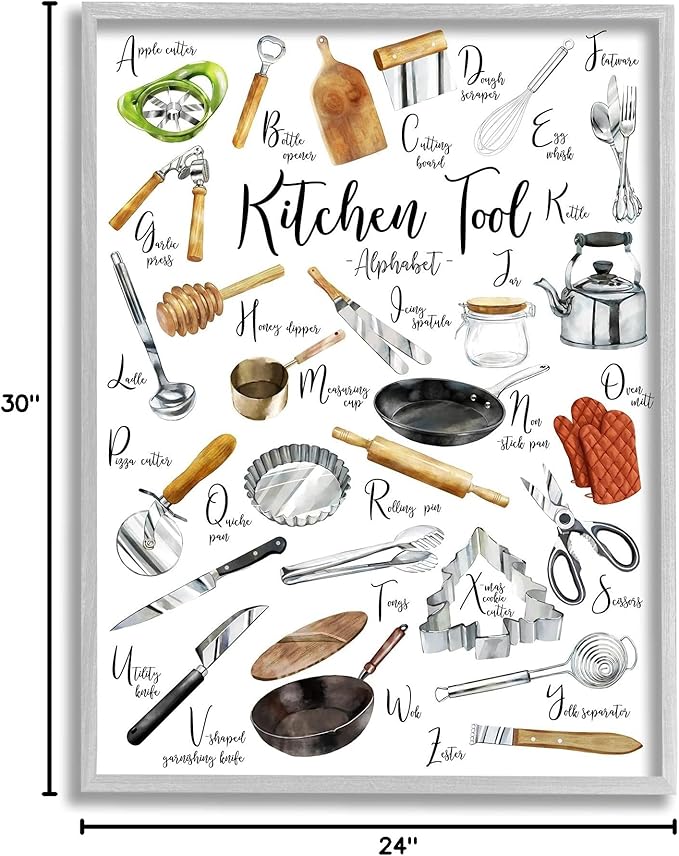 Stupell Industries Kitchen Tool Alphabet Cooking Accessory ABC Chart, Designed by Ziwei Li Gray Framed Wall Art, 24 x 30, Multi-Color