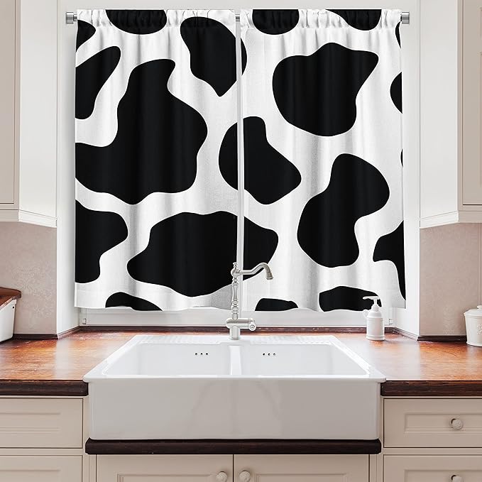 Ambesonne Cow Print Long Kitchen Curtains, Hide of an Animal Dark Shade Spots Abstract and Plain Style Barnyard Life, Two Panels Drapes with Rod Pocket Room Decor, 55" x 45", Black White