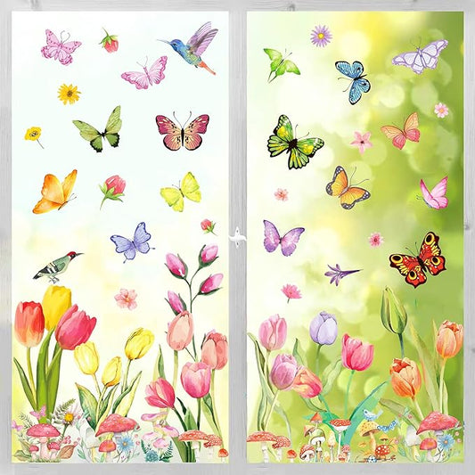 8 Sheets Butterfly Floral Window Clings Summer Floral Static Window Stickers Refrigerator Glass Party Decorations Add Joy to The Season and Home Decoration