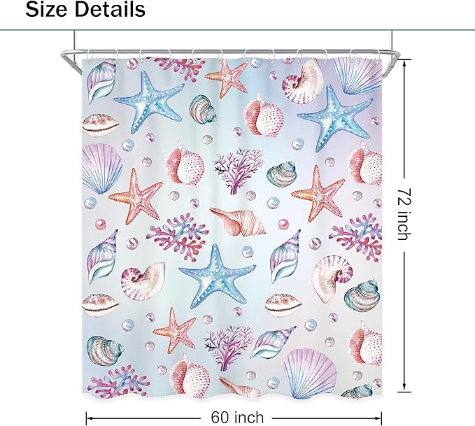 Starfish Seashell Shower Curtain 60Wx72L Inch Ocean Sea Underwater Coastal Nautical Marine Sealife Shower Curtain Bathroom Set Tropical Coral Plant Bath Curtain Bathtub Accessories Home Decor