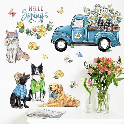 Mfault Hello Spring Dog Cat Wall Decals Stickers, Golden Retriever Puppy Kitty Blue Truck Daisy Flower Decorations Bedroom Art, Eucalyptus Leaves Butterfly Seasonal Home Kitchen Decor Party Supplies