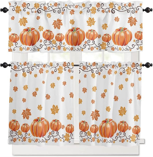 Vandarllin Fall Maple Leaves Kitchen Curtains and Valances Set, Thanksgiving Watercolor Pumpkins Small Windows Treatments Tiers Half/Short Curtains for Cafe/Living Room/Bedroom 54x24 in-, Orange