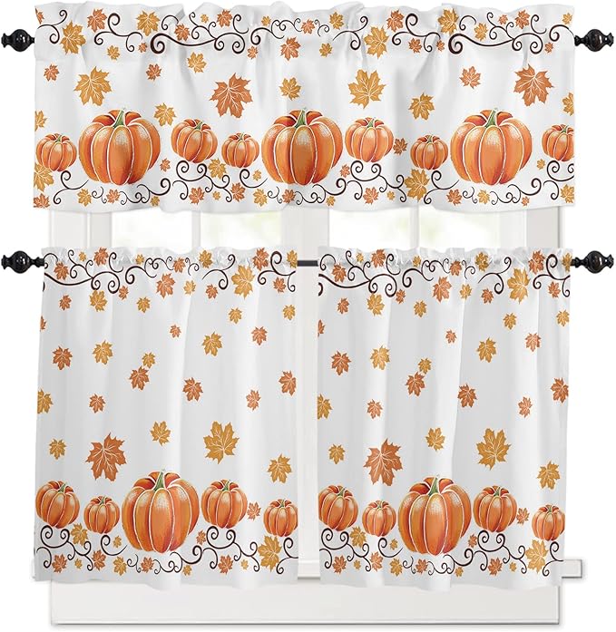 Vandarllin Fall Maple Leaves Kitchen Curtains and Valances Set, Thanksgiving Watercolor Pumpkins Small Windows Treatments Tiers Half/Short Curtains for Cafe/Living Room/Bedroom 54x24 in-, Orange