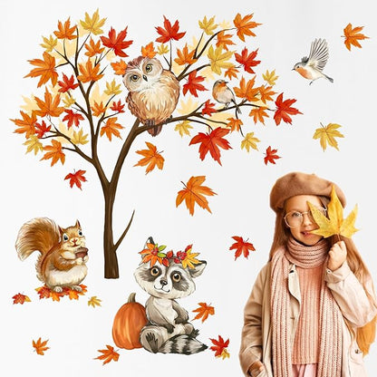 Mfault Fall Maple Tree Woodland Animal Wall Decals Stickers, Autumn Raccoon Hedgehog Squirrel Owl Bird Decorations Bedroom Art, Thanksgiving Pumpkin Seasonal Home Kitchen Decor