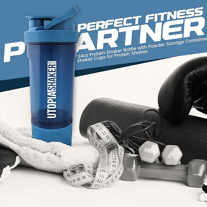 Utopia Home Shaker Bottle 2 Pack - 24 Ounce Plastic Protein or Cocktail Shaker Bottle for Pre & Post workout with Twist & Lock Protein Box Storage (All Navy & Clear/Navy)