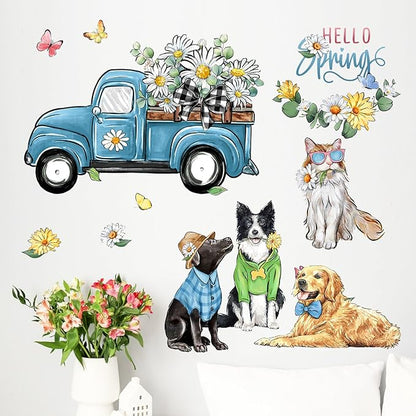 Mfault Hello Spring Dog Cat Wall Decals Stickers, Golden Retriever Puppy Kitty Blue Truck Daisy Flower Decorations Bedroom Art, Eucalyptus Leaves Butterfly Seasonal Home Kitchen Decor Party Supplies