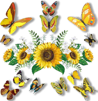 Sunflowers Wall Decal with 12 PCS 3D Colorful Butterfly Wall Stickers for Nursery Bedroom Bathroom Kitchen, Removable Yellow Flower Mural DIY Wall Art Decor Home Decorations for Living Room