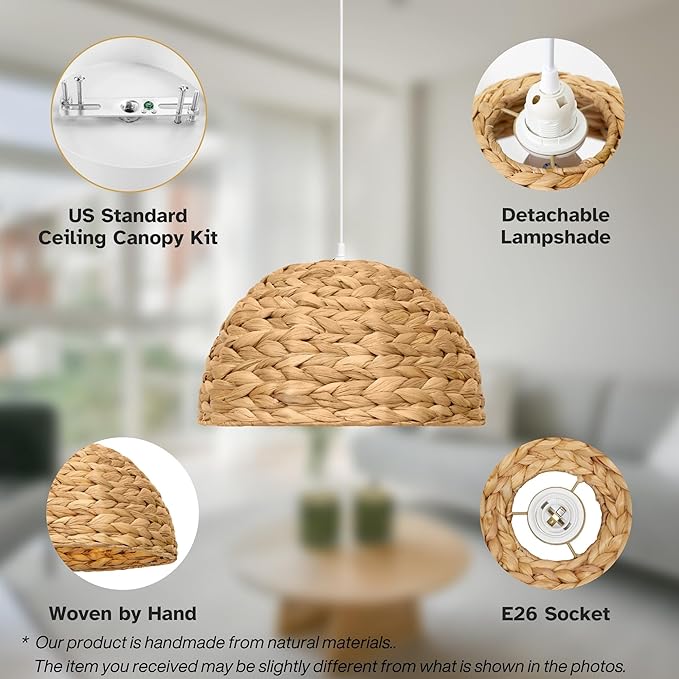 Rattan Pendant Light - Dome Pendant Lights for Home Decor - Natural Woven Pendant Light; Wicker Pendant Light for Dining Room, Kitchen Island, Bedroom