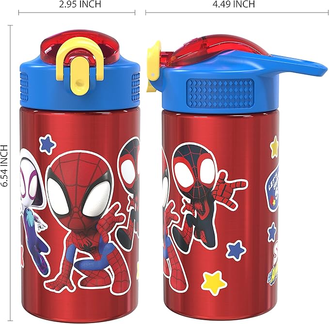 Zak Designs Marvel Spider-Man 18/8 Single Wall Stainless Steel Kids Water Bottle, Flip Straw Locking Spout Cover, Durable Cup for Sports or Travel (15.5oz, Non-BPA, Spidey and His Amazing Friends)