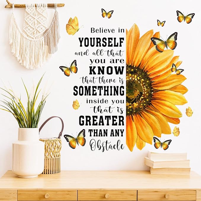 Mfault Spring Summer Sunflower Inspirational Wall Decals Stickers, Fall Flowers Motivational Believe in Yourself Quote Decorations Girls Bedroom Art, Positive Butterfly Home Kitchen Living Room Decor