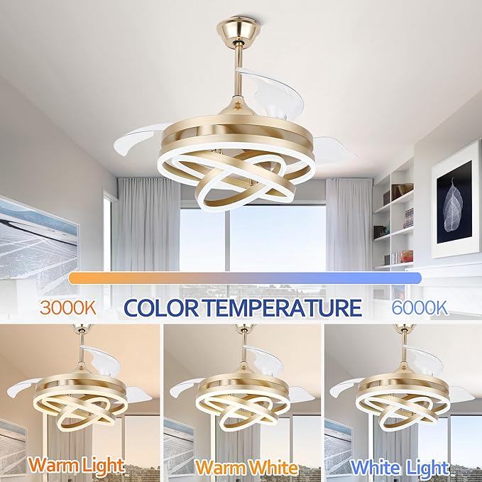 42" Retractable Gold Ceiling Fan with Lights & Remote - Silent DC Motor Modern Ceiling Fan - 6 Speed LED Fan for Bedroom Living Room Kitchen