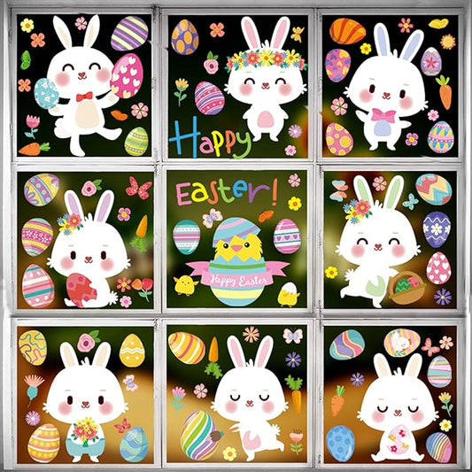 174 PCS Cute Easter Window Cling Stickers for Home Decoration,Easter Bunny Eggs Window Cling Stickers Decals for Kids, Egg Hunt Games Decals Home Party Supplies