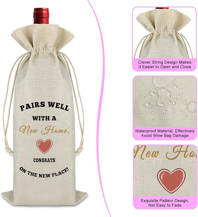 New Home Gift Housewarming Gift for Friends Women House Warming Presents Wine Bag Housewarming Party Decor Burlap Drawstring Wine Wrap Bag Congrats New Home Christmas Gift for Couple New Homeowner