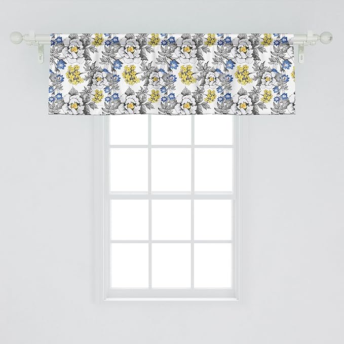 Ambesonne Garden Window Valance, Romantic Peony Hydrangea and Blue Violet Blossoms in Sketch Art Style, Curtain Valance for Kitchen Bedroom Decor with Rod Pocket, 42" x 18", Dark Grey Yellow