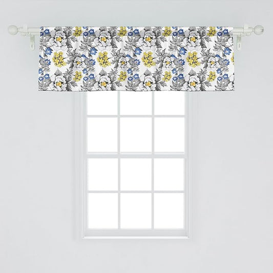 Ambesonne Garden Window Valance, Romantic Peony Hydrangea and Blue Violet Blossoms in Sketch Art Style, Curtain Valance for Kitchen Bedroom Decor with Rod Pocket, 42" x 18", Dark Grey Yellow