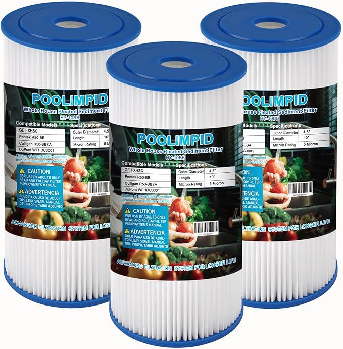 10" x 4.5" Whole House Water Filter, Compatible with GE FXHSC, GXWH40L, GXWH35F, Culligan R50-BBSA, American Plumber W50PEHD, W10-PR, 5 Micron, High Flow Sediment Filters,3 Pack